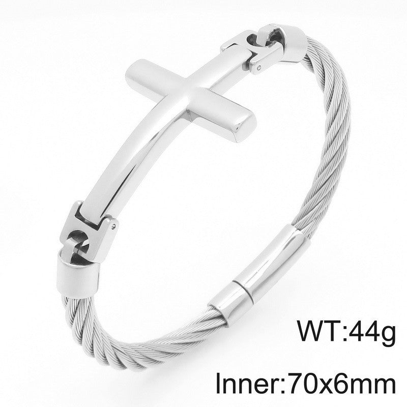 2026 |M| 316L Stainless Steel Wire Cable Cross Bangle Bracelet | Silver-Tone | 9"