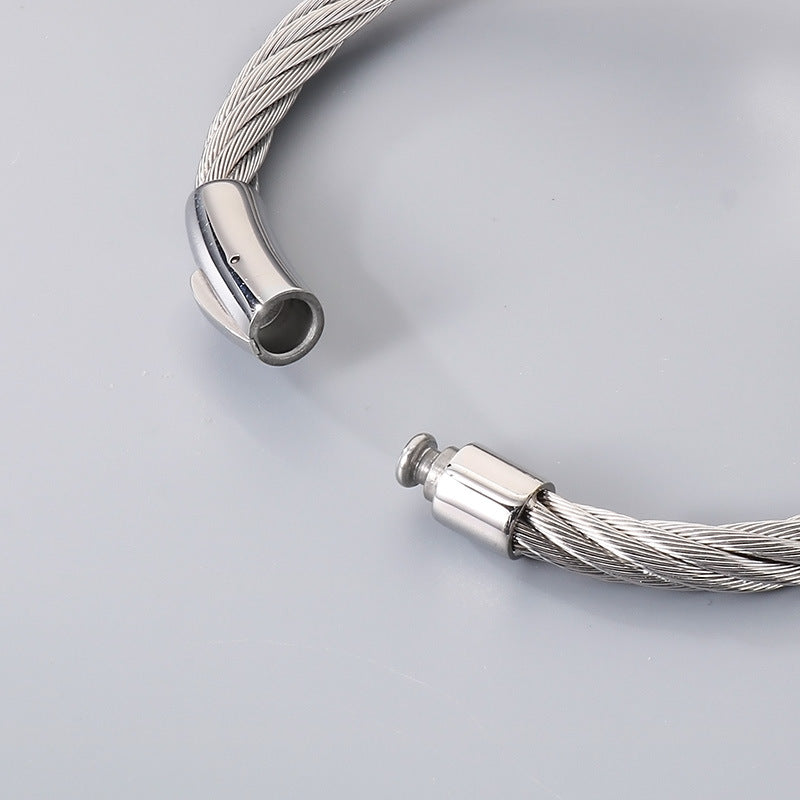 2026 |M| 316L Stainless Steel Wire Cable Cross Bangle Bracelet | Silver-Tone | 9"