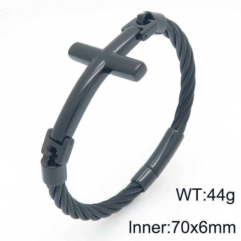 2027 |M| Black Plated 316L Stainless Steel Wire Cable Cross Bangle Bracelet | 9"