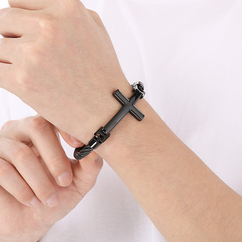 2027 |M| Black Plated 316L Stainless Steel Wire Cable Cross Bangle Bracelet | 9"