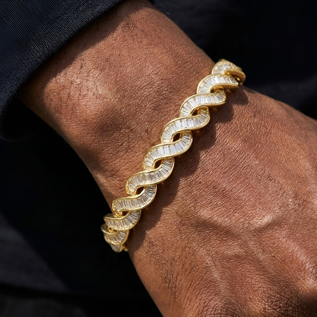 2029 |M| Gold-Plated Brass Iced Out Baguette Wave DNA Cuban Bracelet | 8.5"