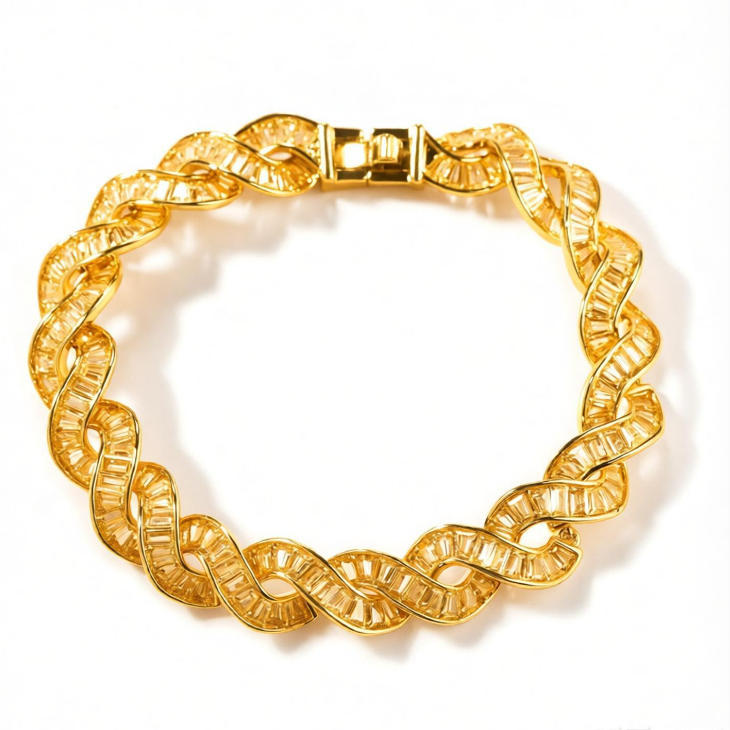2029 |M| Gold-Plated Brass Iced Out Baguette Wave DNA Cuban Bracelet | 8.5"
