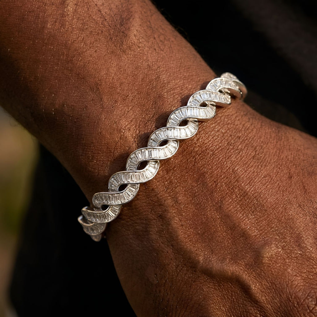 2030 |M| Brass Iced Out Baguette Wave DNA Cuban Bracelet | Silver-Tone | 8.5"