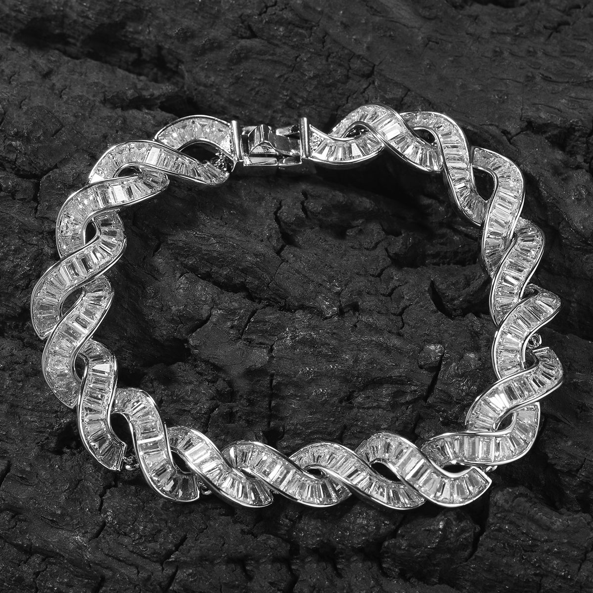 2030 |M| Brass Iced Out Baguette Wave DNA Cuban Bracelet | Silver-Tone | 8.5"