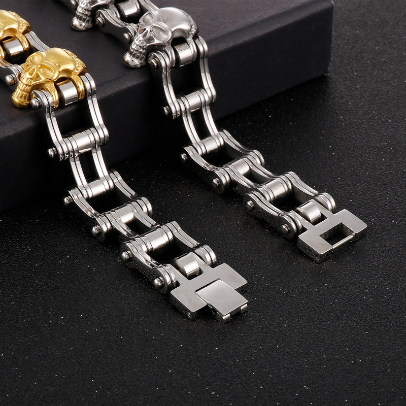 2021 |M| 316 Stainless Steel Two-Tone Skull Bike Chain Bracelet | 8.5 in