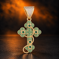 1149 |O| Brass Iced Out Green CZ Thorn Cross Pendant | Gold-Plated