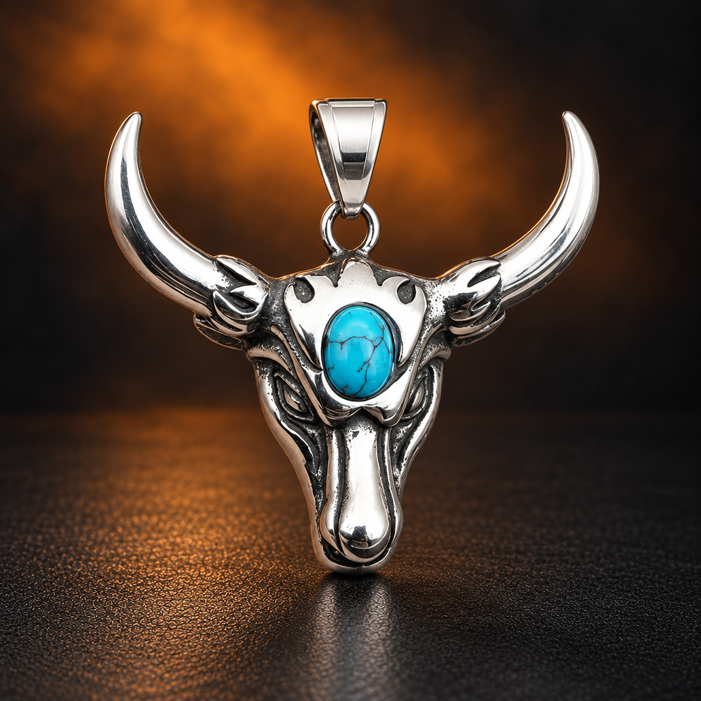 1084 Bull Head Natural Turquoise Unisex Pendant – Stainless Steel