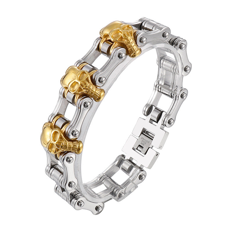 2021 |M| 316 Stainless Steel Two-Tone Skull Bike Chain Bracelet | 8.5 in
