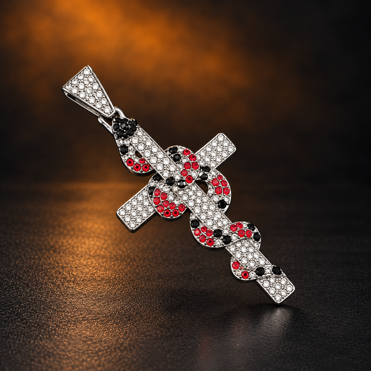 1025 Red Iced Snake Cross Pendant – Silver Tone Stainless Steel