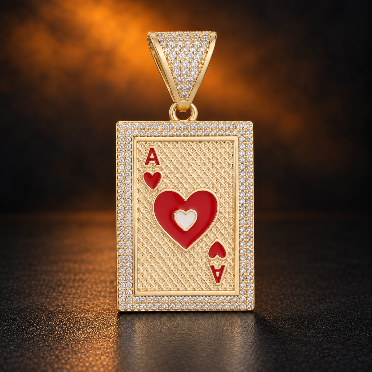 1141 |O| Brass Iced Out Ace of Hearts Card Pendant | Gold-Plated