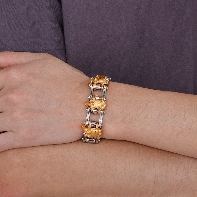 2021 |M| 316 Stainless Steel Two-Tone Skull Bike Chain Bracelet | 8.5 in