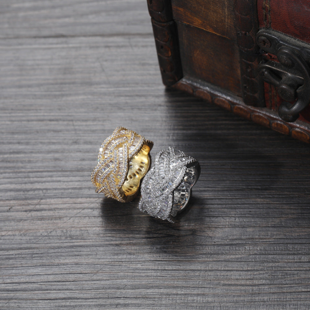 9004 |J| Gold-Plated Brass Iced Out CZ Braided Cross Band Ring