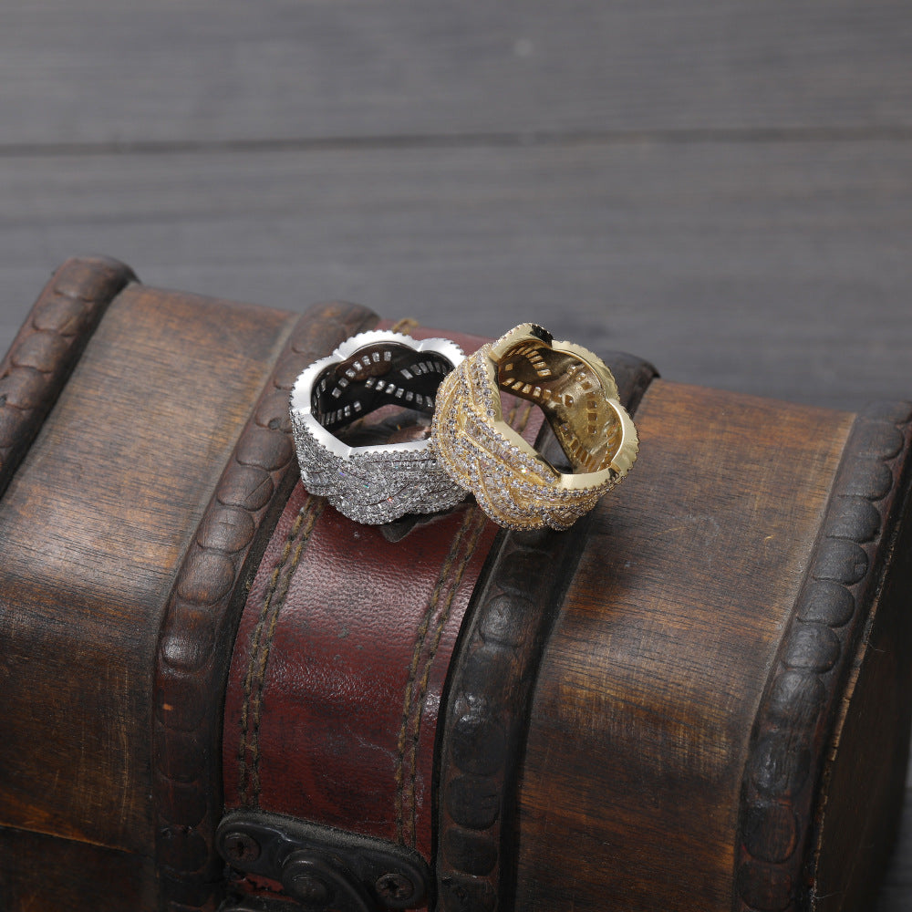 9004 |J| Gold-Plated Brass Iced Out CZ Braided Cross Band Ring