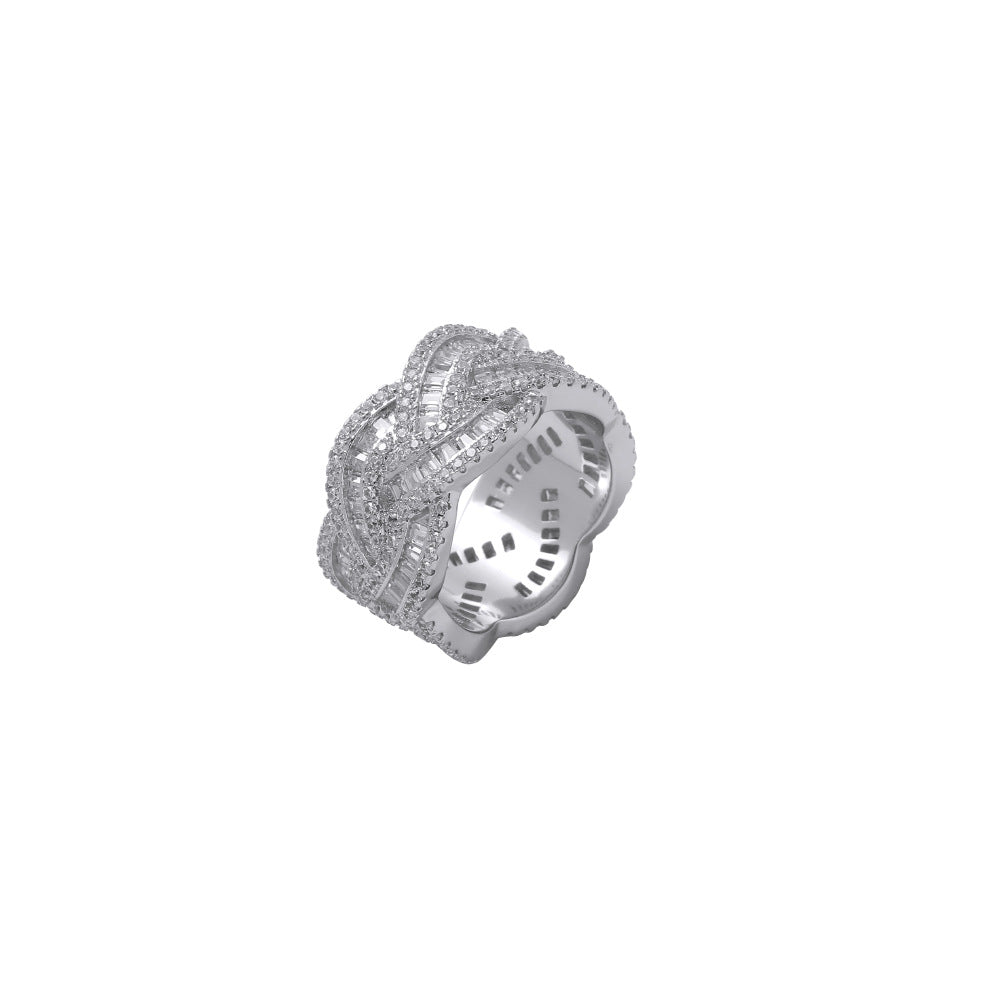 9005 |J| Brass Iced Out CZ Braided Cross Band Ring | Silver-Tone