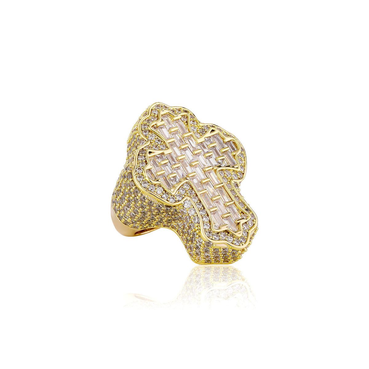9006 |J| Gold-Plated Brass Iced Out Baguette Cross Ring