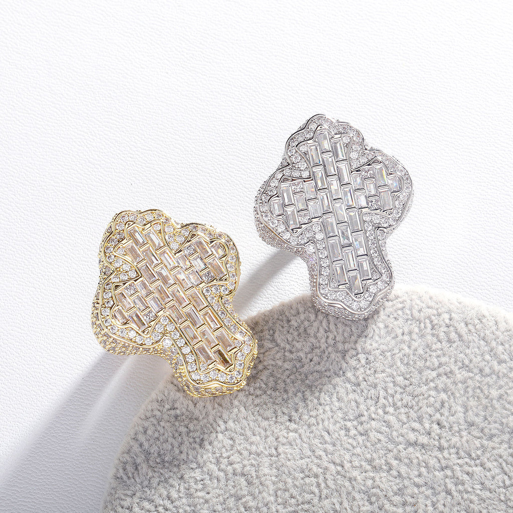 9006 |J| Gold-Plated Brass Iced Out Baguette Cross Ring