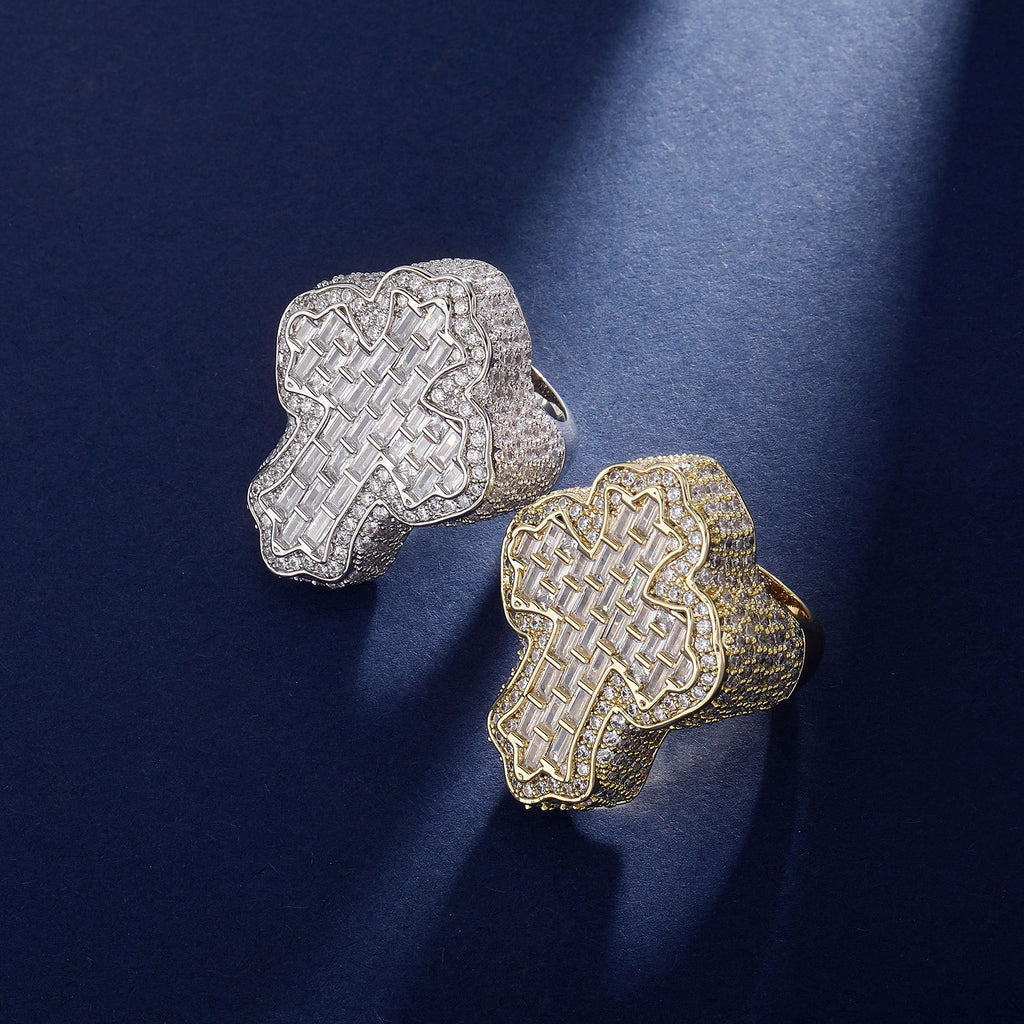 9006 |J| Gold-Plated Brass Iced Out Baguette Cross Ring