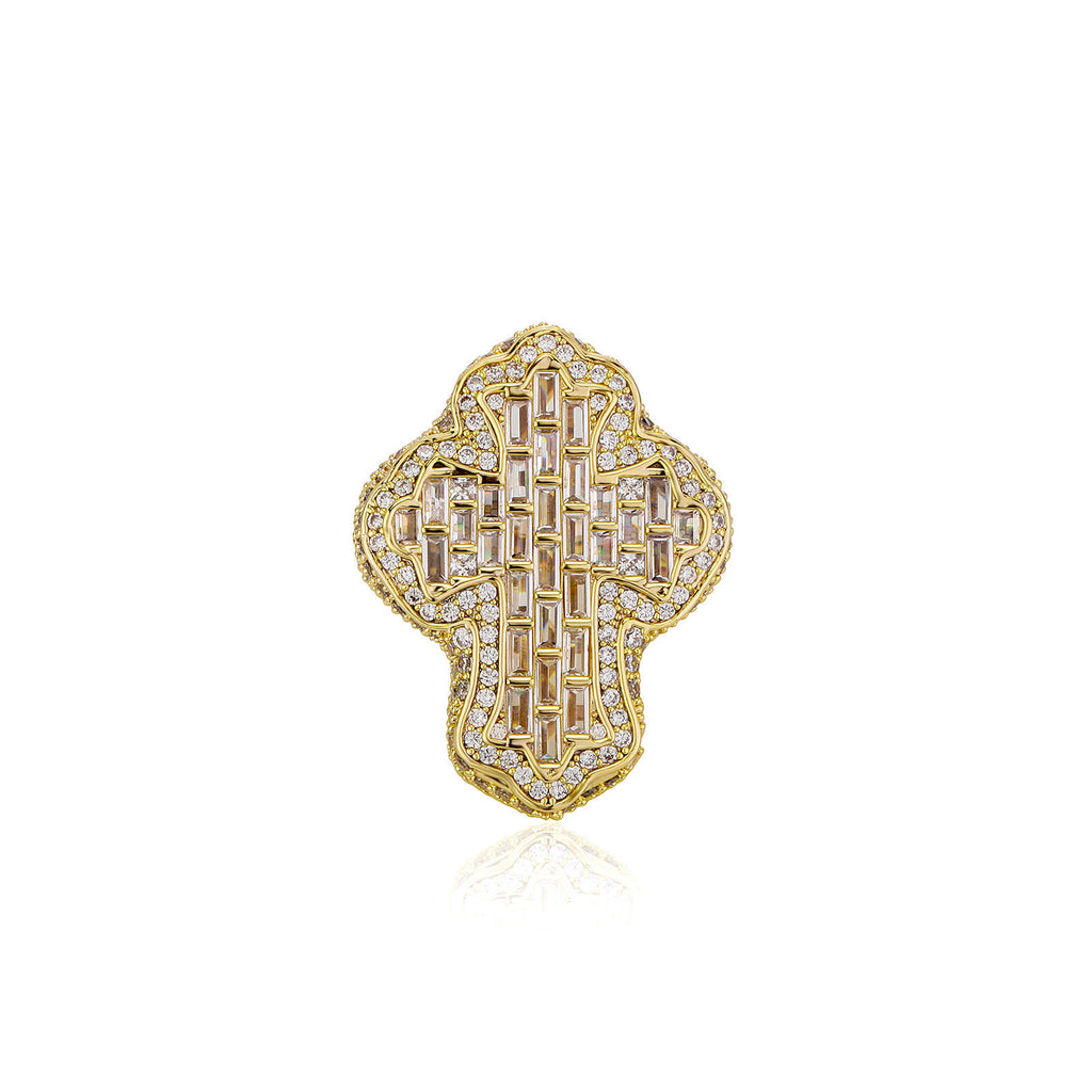 9006 |J| Gold-Plated Brass Iced Out Baguette Cross Ring