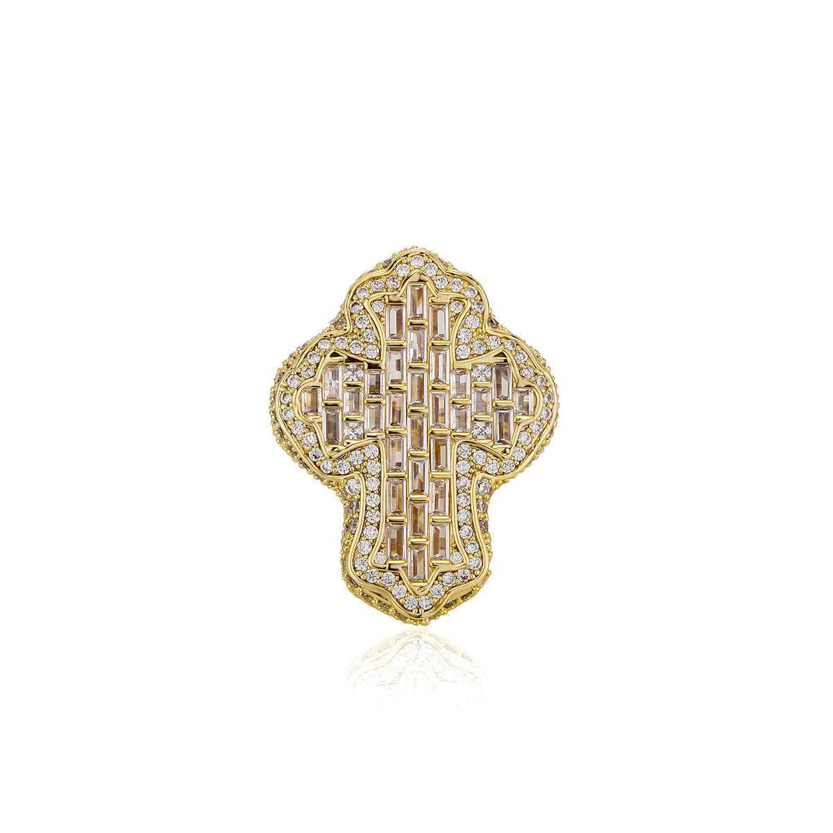 9006 |J| Gold-Plated Brass Iced Out Baguette Cross Ring