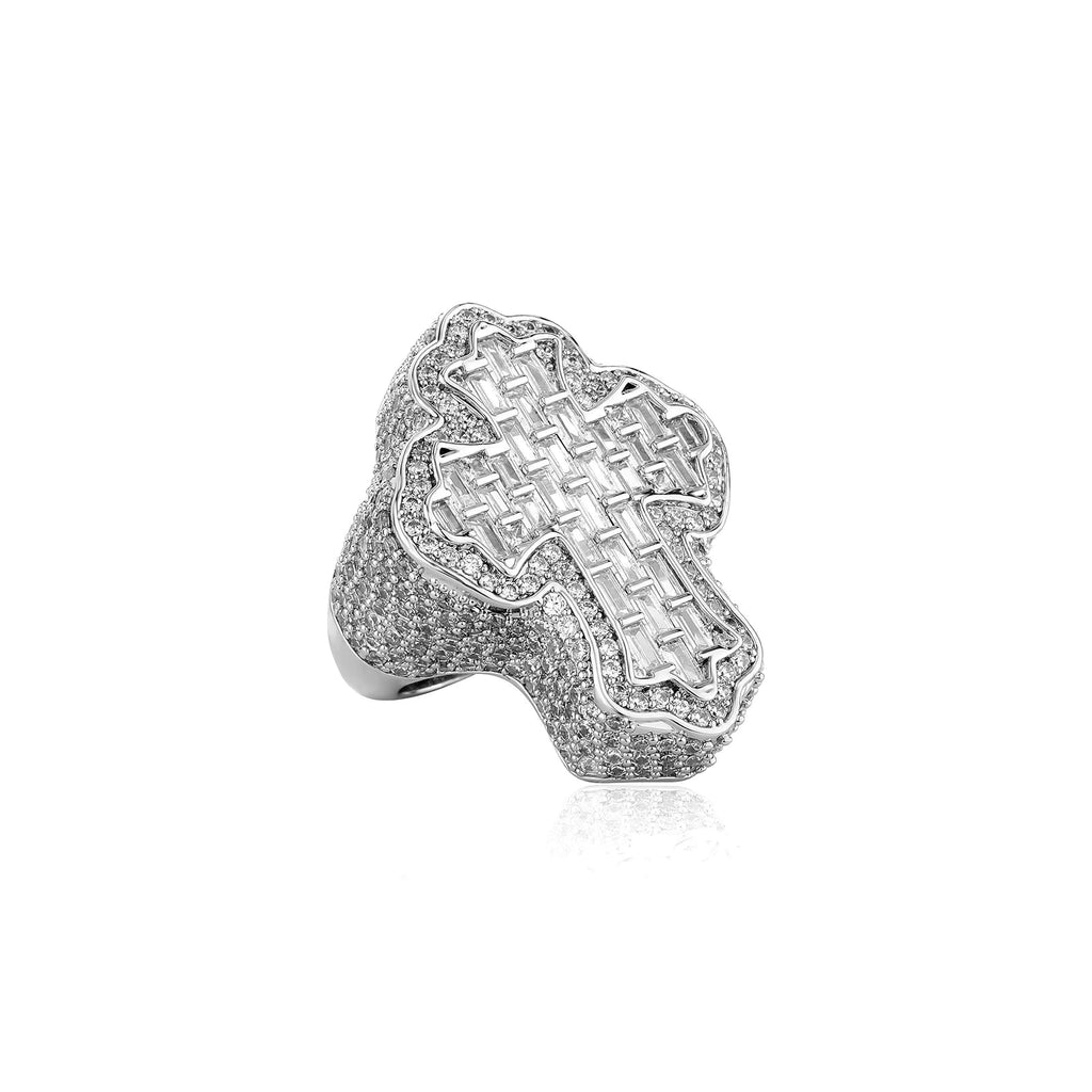 9007 |J| Brass Iced Out Baguette Cross Ring | Silver-Tone