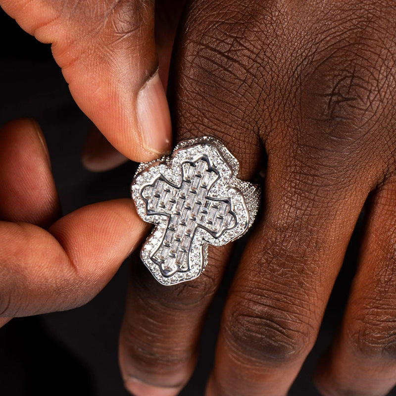 9007 |J| Brass Iced Out Baguette Cross Ring | Silver-Tone