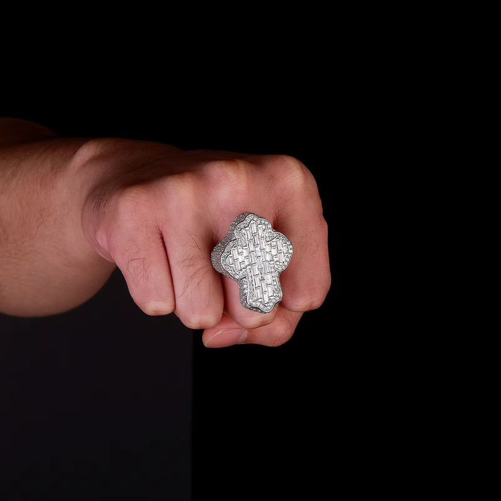 9007 |J| Brass Iced Out Baguette Cross Ring | Silver-Tone
