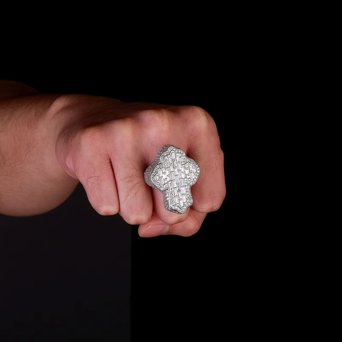 9007 |J| Brass Iced Out Baguette Cross Ring | Silver-Tone
