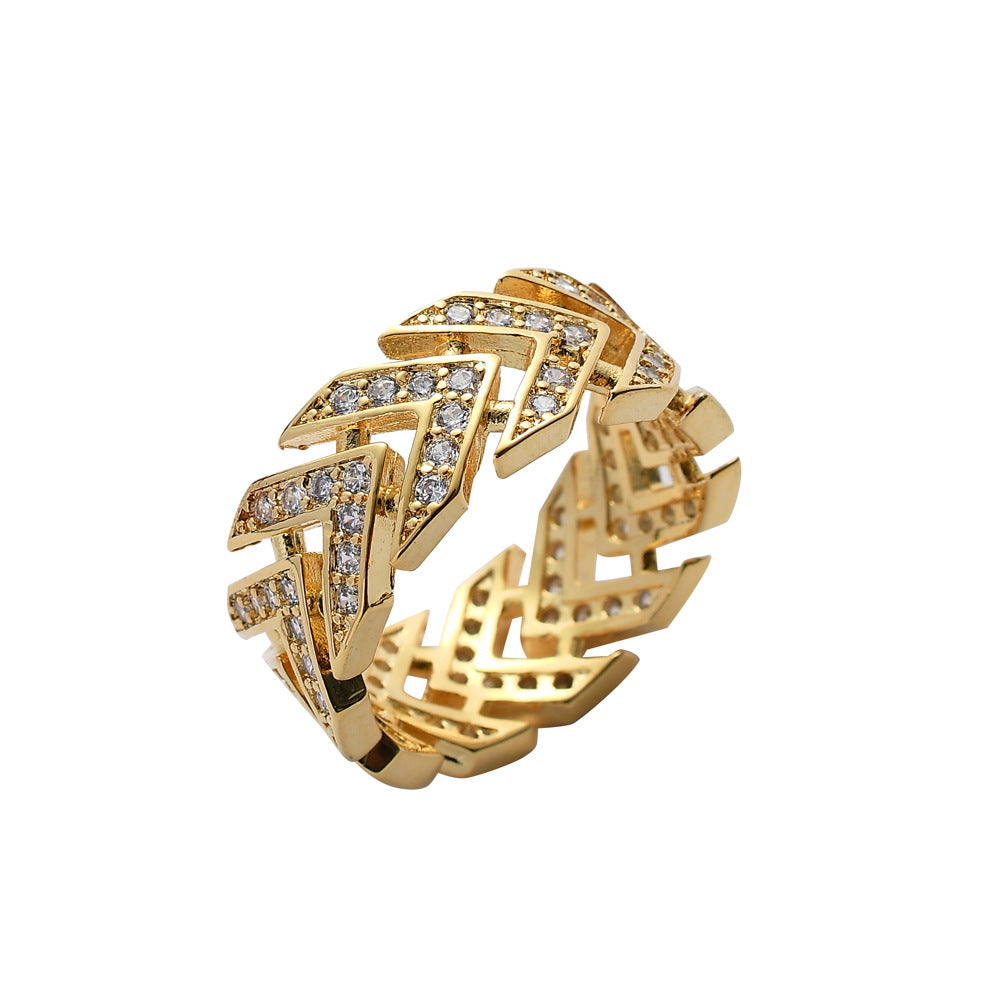9009 |J| Gold-Plated Brass Iced Out CZ Arrow Chevron Band Ring