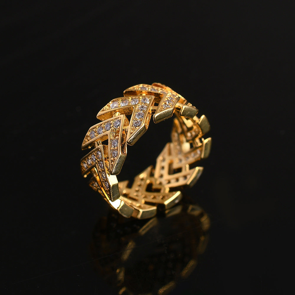 9009 |J| Gold-Plated Brass Iced Out CZ Arrow Chevron Band Ring