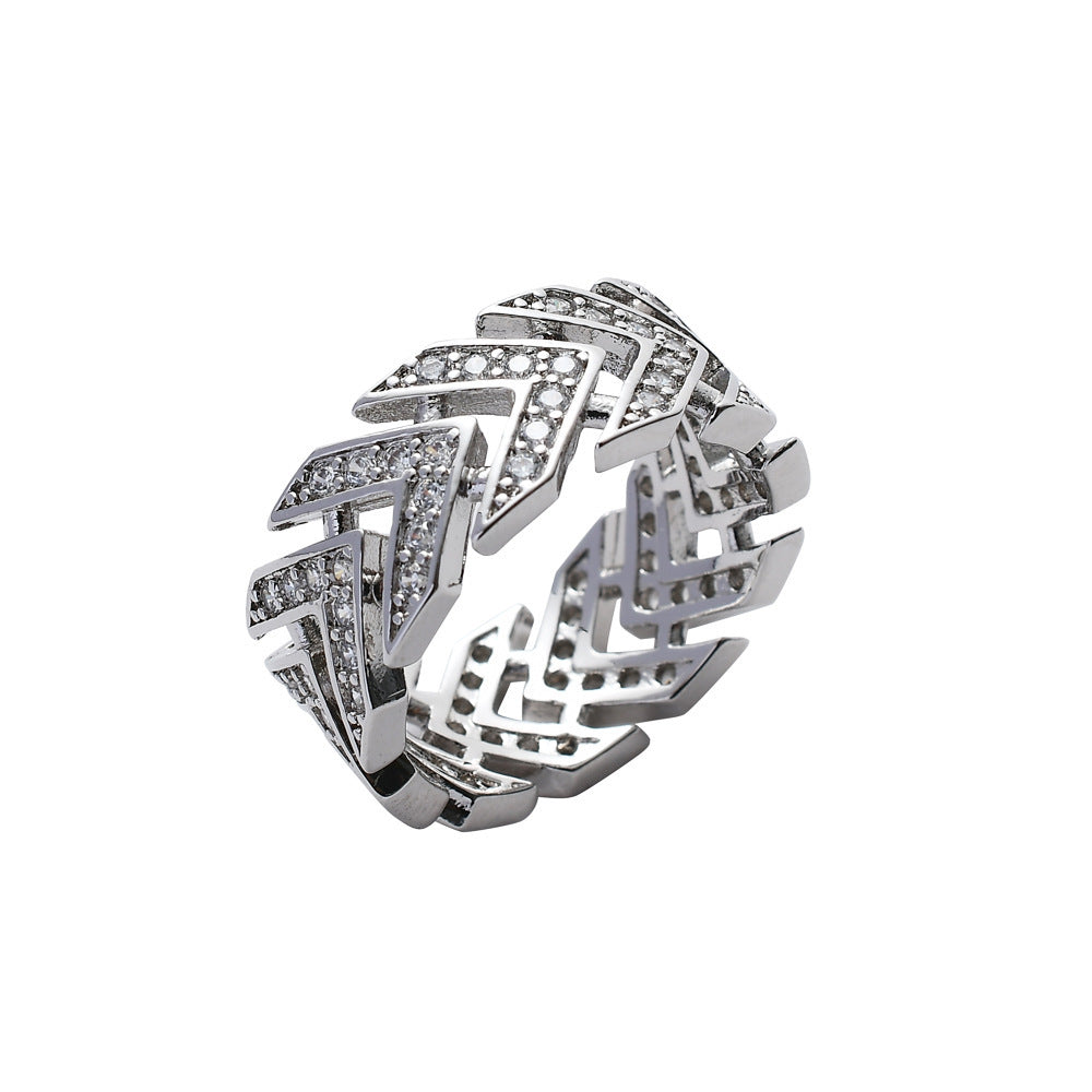 9010 |J| Brass Iced Out CZ Arrow Chevron Band Ring | Silver-Tone