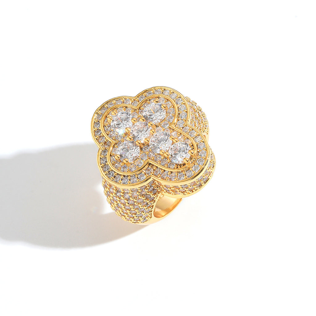 9011 |J| Gold-Plated Brass Iced Out CZ Clover Cross Statement Ring