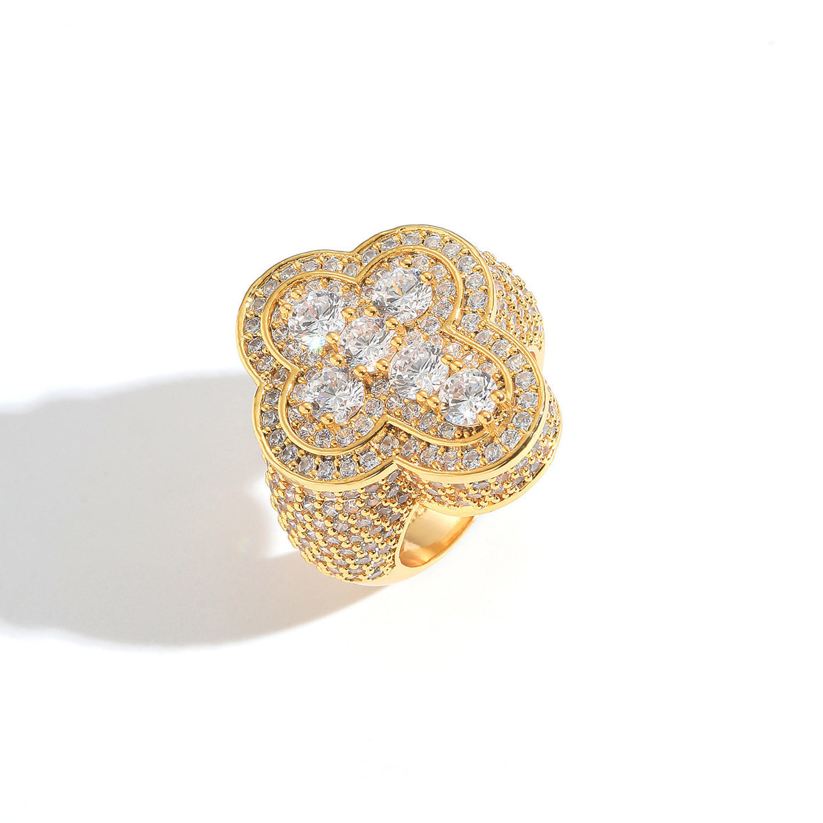 9011 |J| Gold-Plated Brass Iced Out CZ Clover Cross Statement Ring