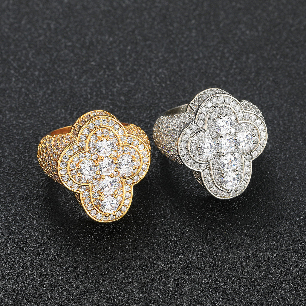 9011 |J| Gold-Plated Brass Iced Out CZ Clover Cross Statement Ring