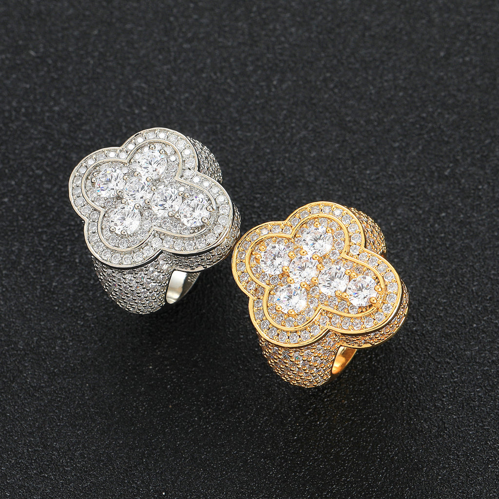 9011 |J| Gold-Plated Brass Iced Out CZ Clover Cross Statement Ring
