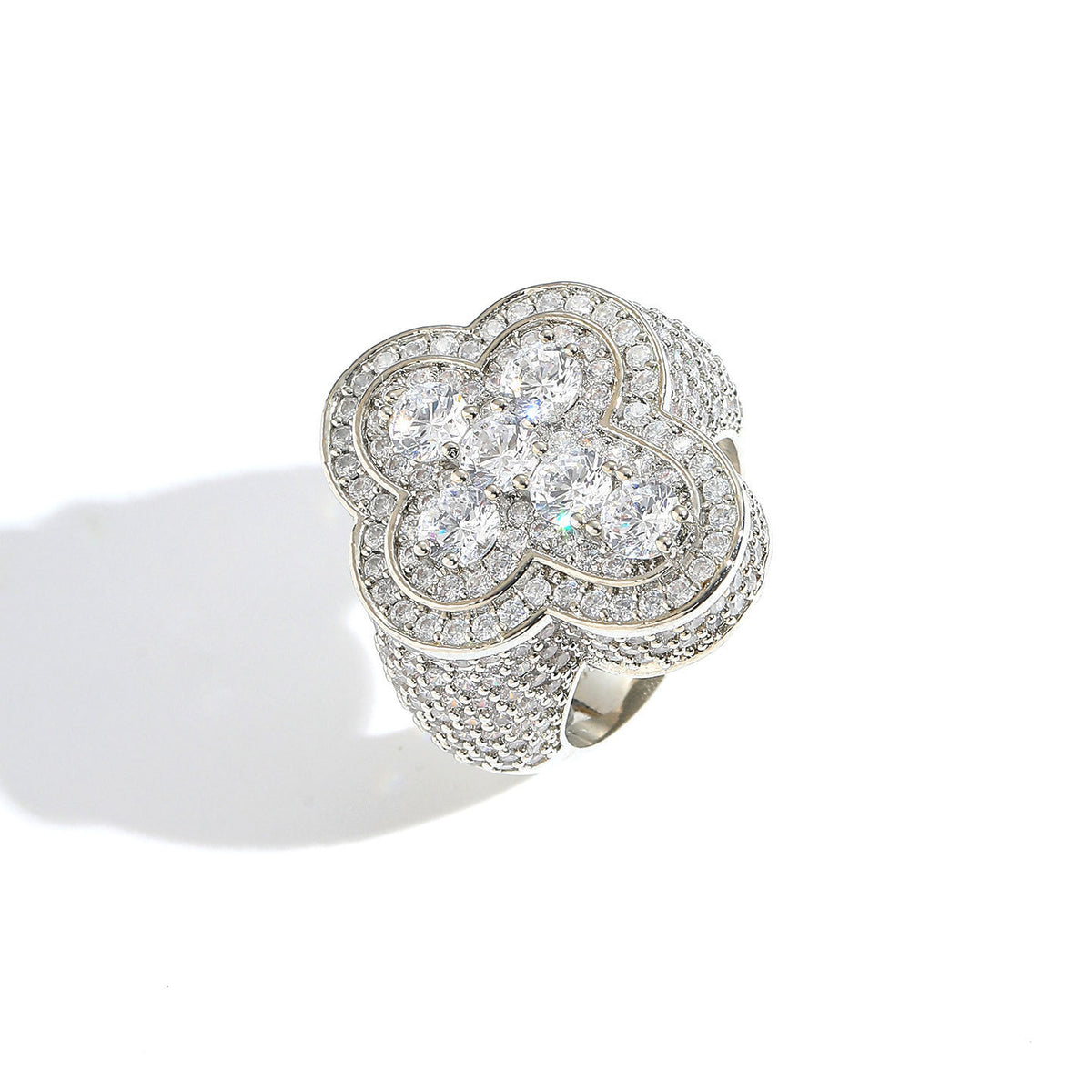 9012 |J| Brass Iced Out CZ Clover Cross Statement Ring | Silver-Tone