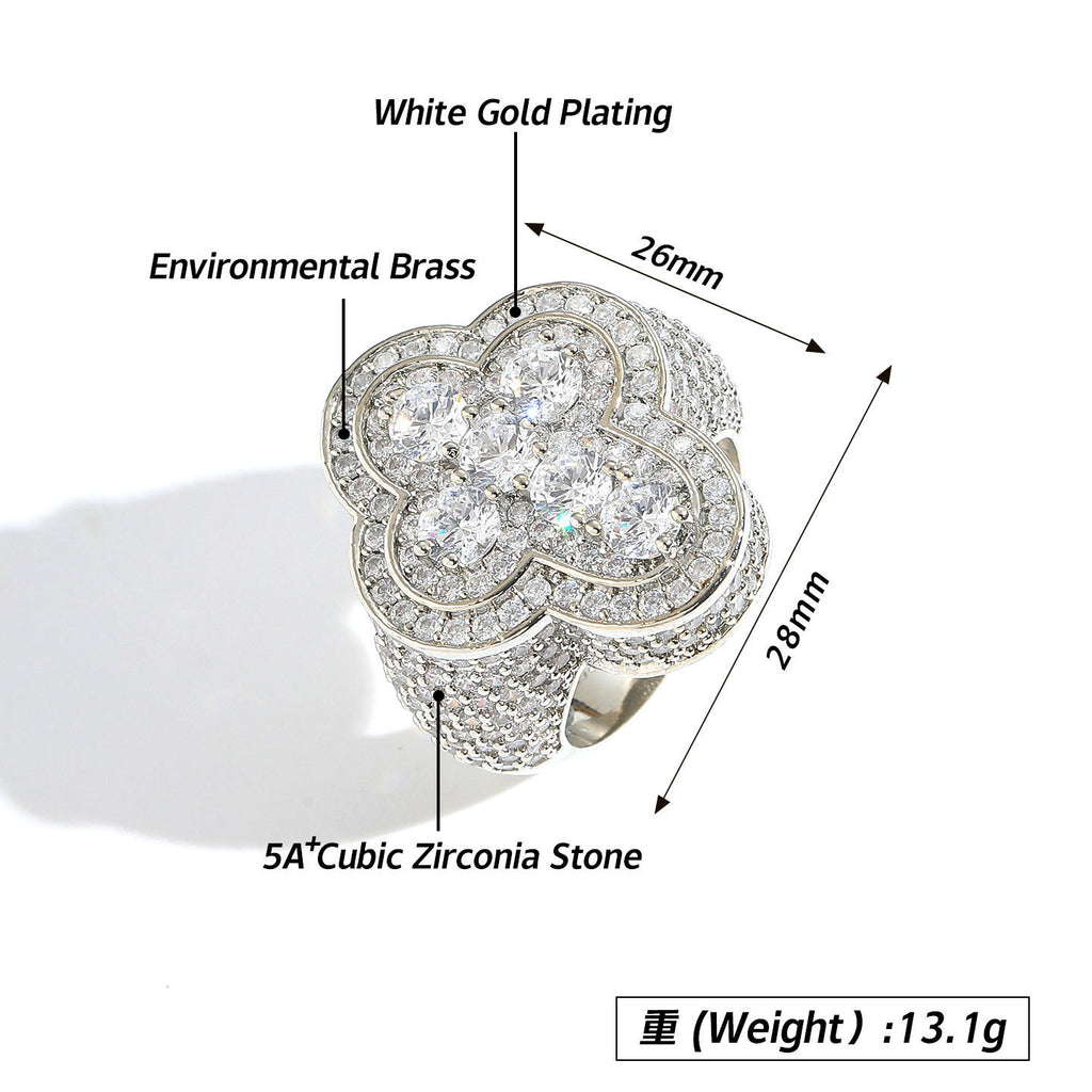 9011 |J| Gold-Plated Brass Iced Out CZ Clover Cross Statement Ring