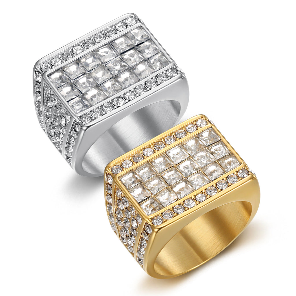 9013 |J| Gold-Plated Stainless Steel Iced Square Signet Ring