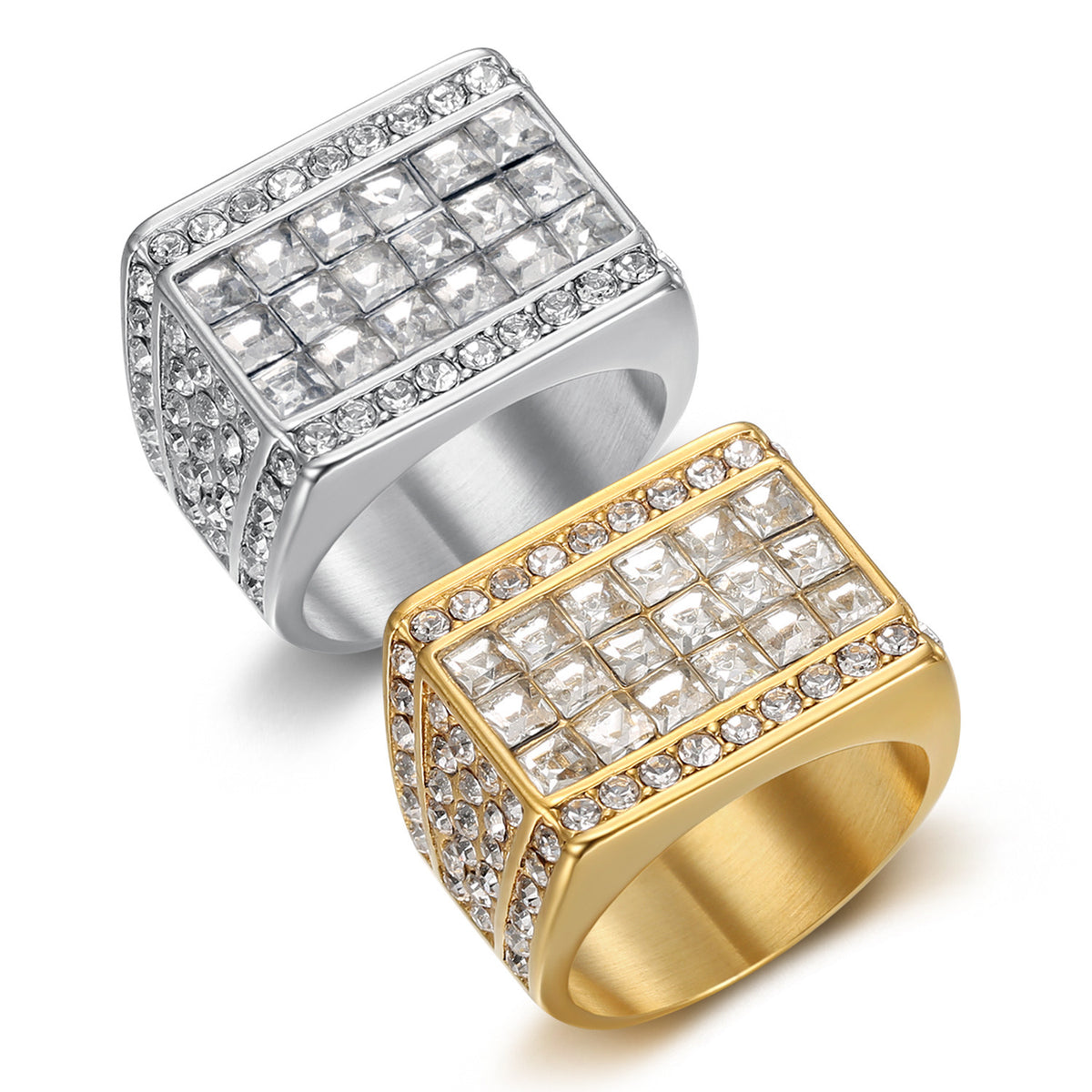 9013 |J| Gold-Plated Stainless Steel Iced Square Signet Ring