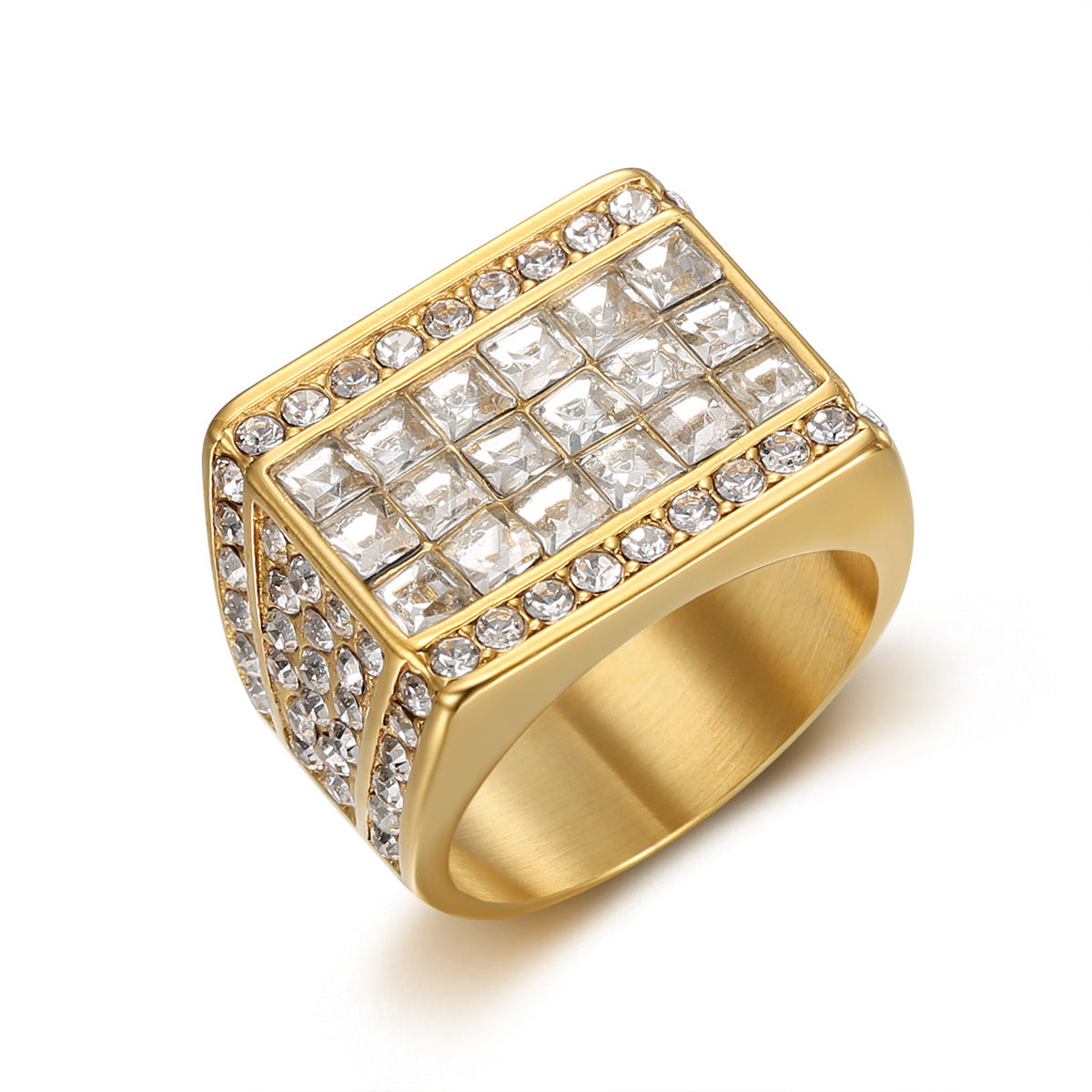 9013 |J| Gold-Plated Stainless Steel Iced Square Signet Ring