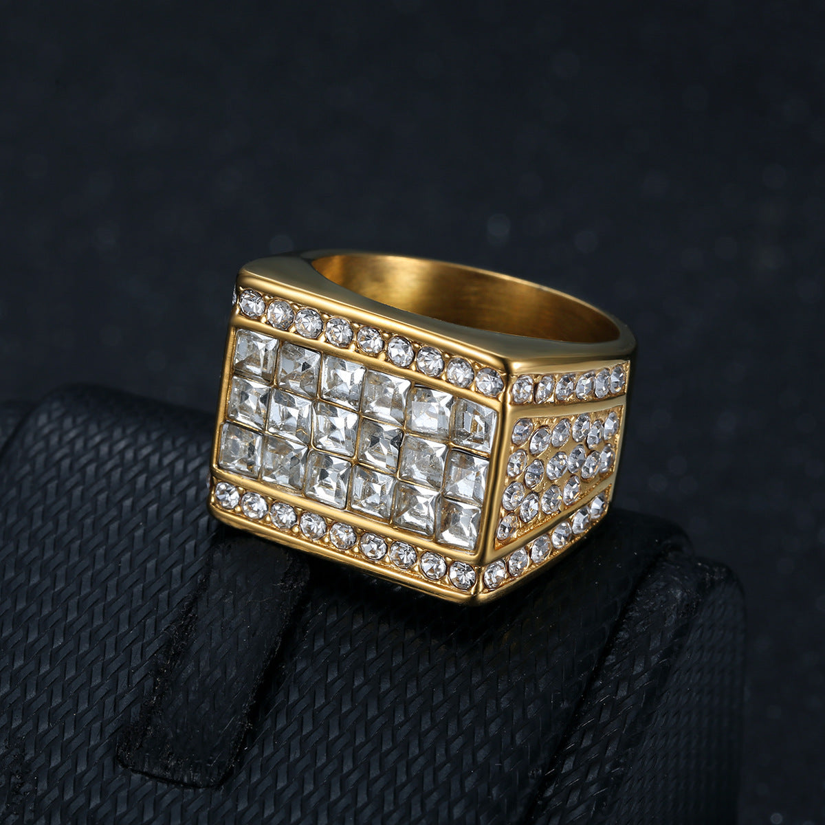 9013 |J| Gold-Plated Stainless Steel Iced Square Signet Ring