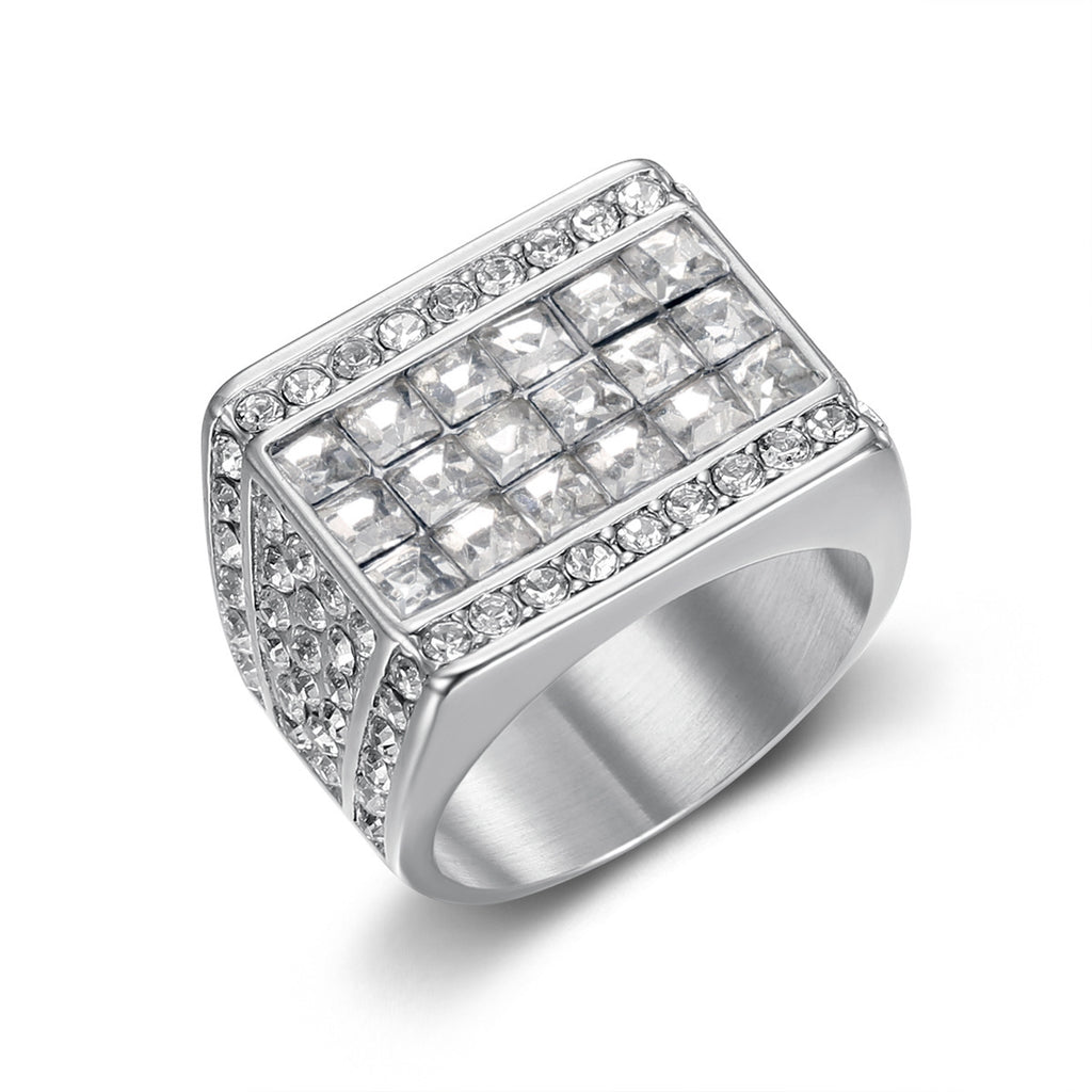 9014 |J| Silver-Plated Stainless Steel Iced Square Signet Ring