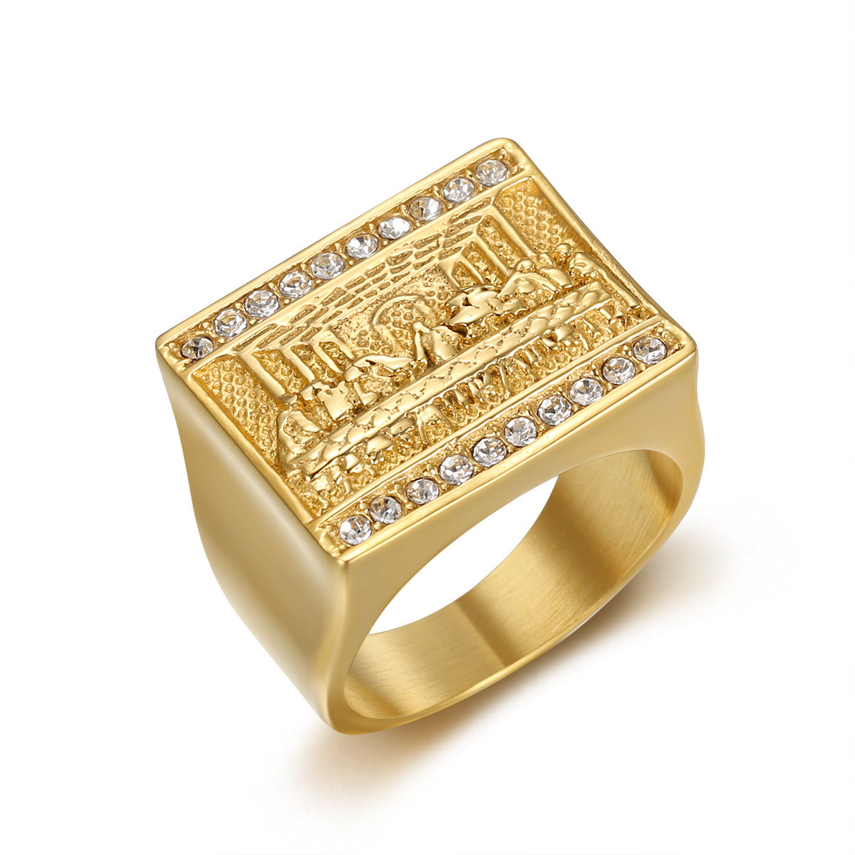 9015 |J| Gold-Plated Stainless Steel Iced The Last Supper Signet Ring