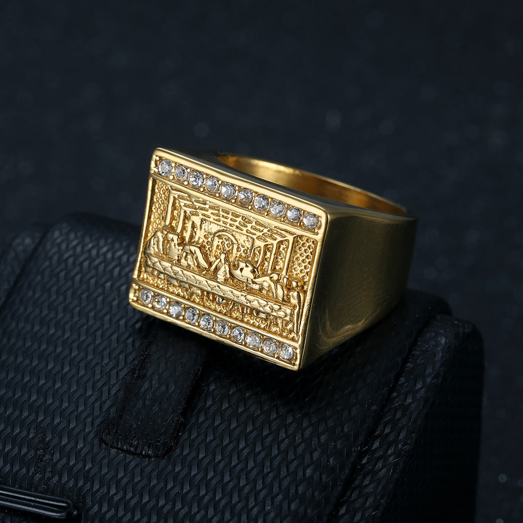 9015 |J| Gold-Plated Stainless Steel Iced The Last Supper Signet Ring