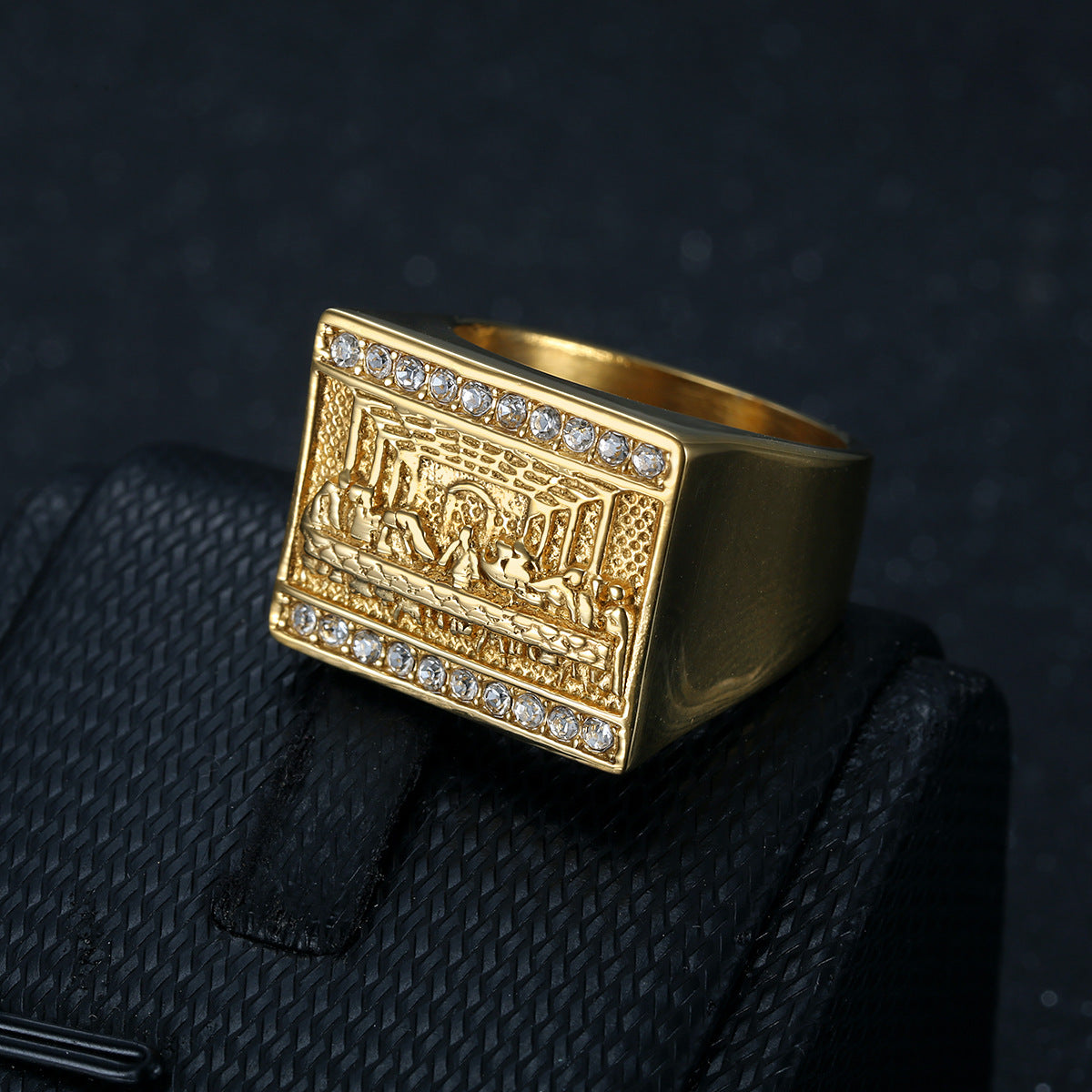 9015 |J| Gold-Plated Stainless Steel Iced The Last Supper Signet Ring