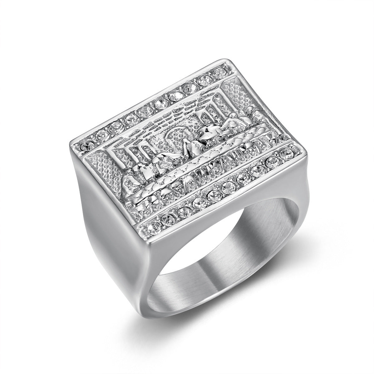 9016 |J| Silver-Plated Stainless Steel Iced The Last Supper Signet Ring