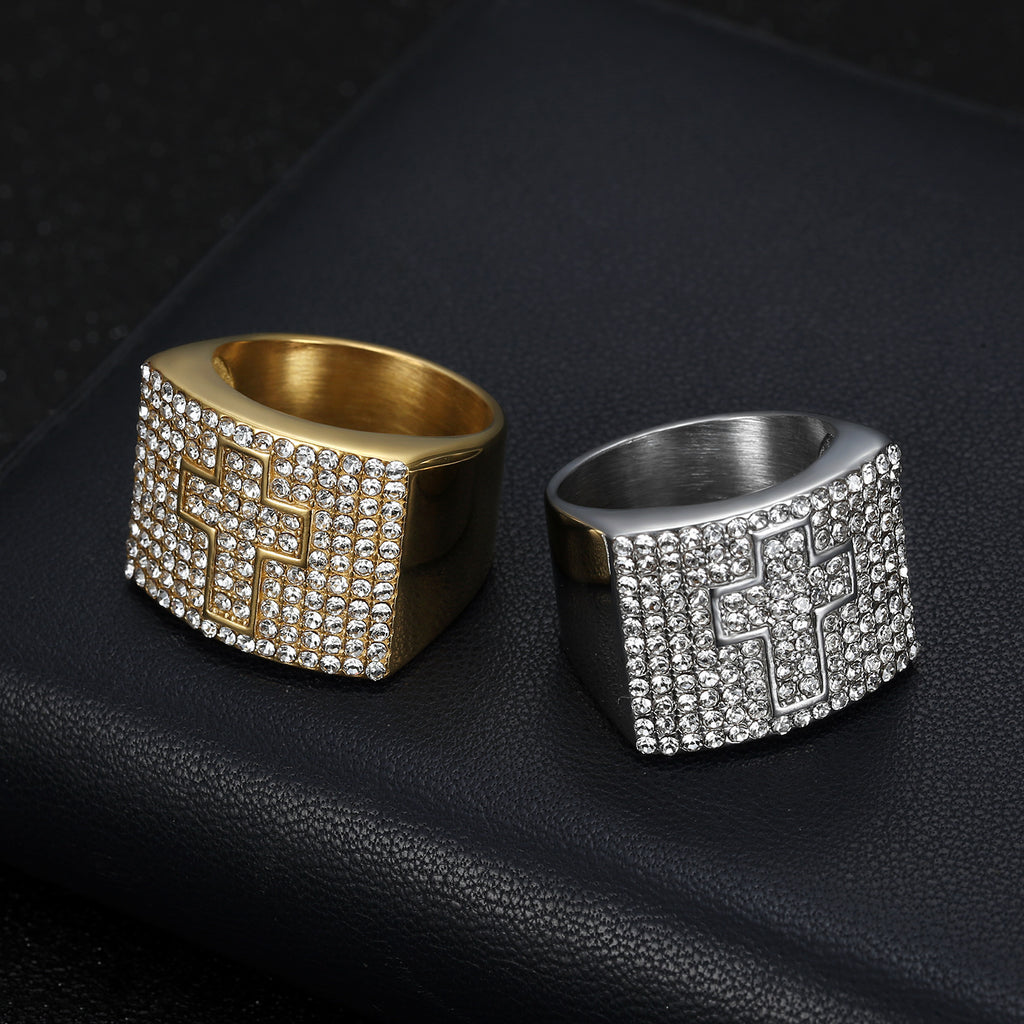 9017 |J| Gold-Plated Stainless Steel Iced Rectangular Cross Ring