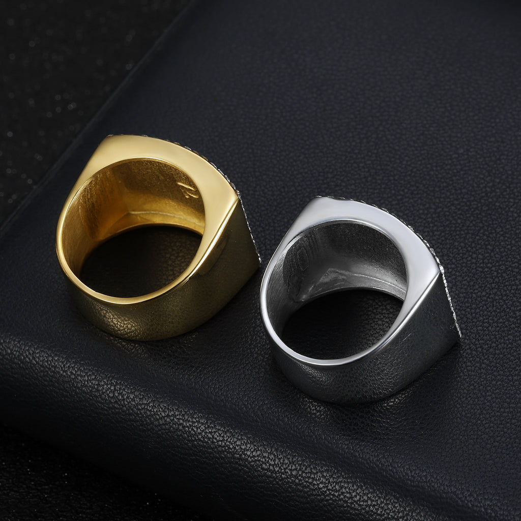 9017 |J| Gold-Plated Stainless Steel Iced Rectangular Cross Ring