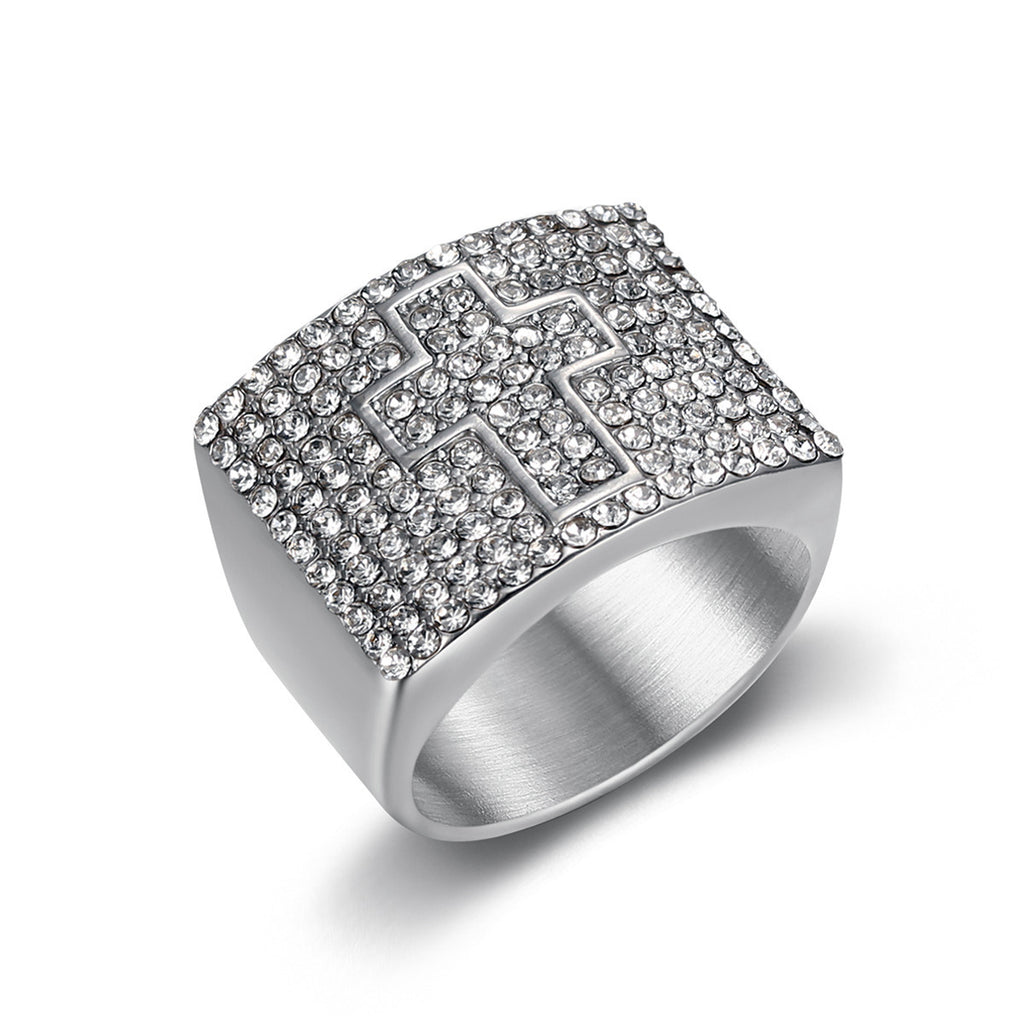 9018 |J| Silver-Plated Stainless Steel Iced Rectangular Cross Ring