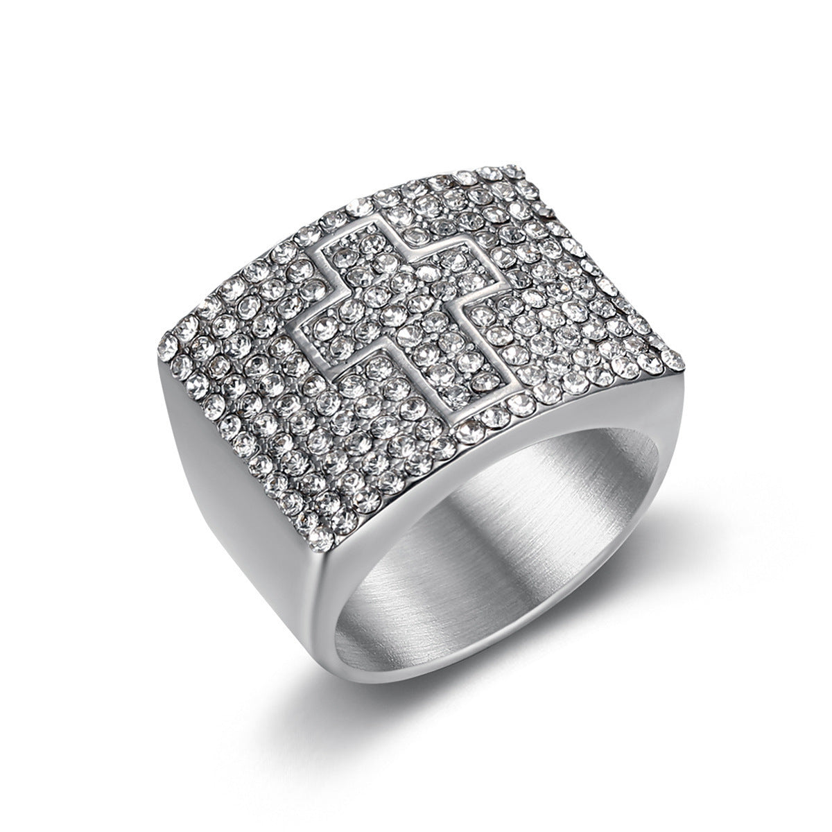 9018 |J| Silver-Plated Stainless Steel Iced Rectangular Cross Ring