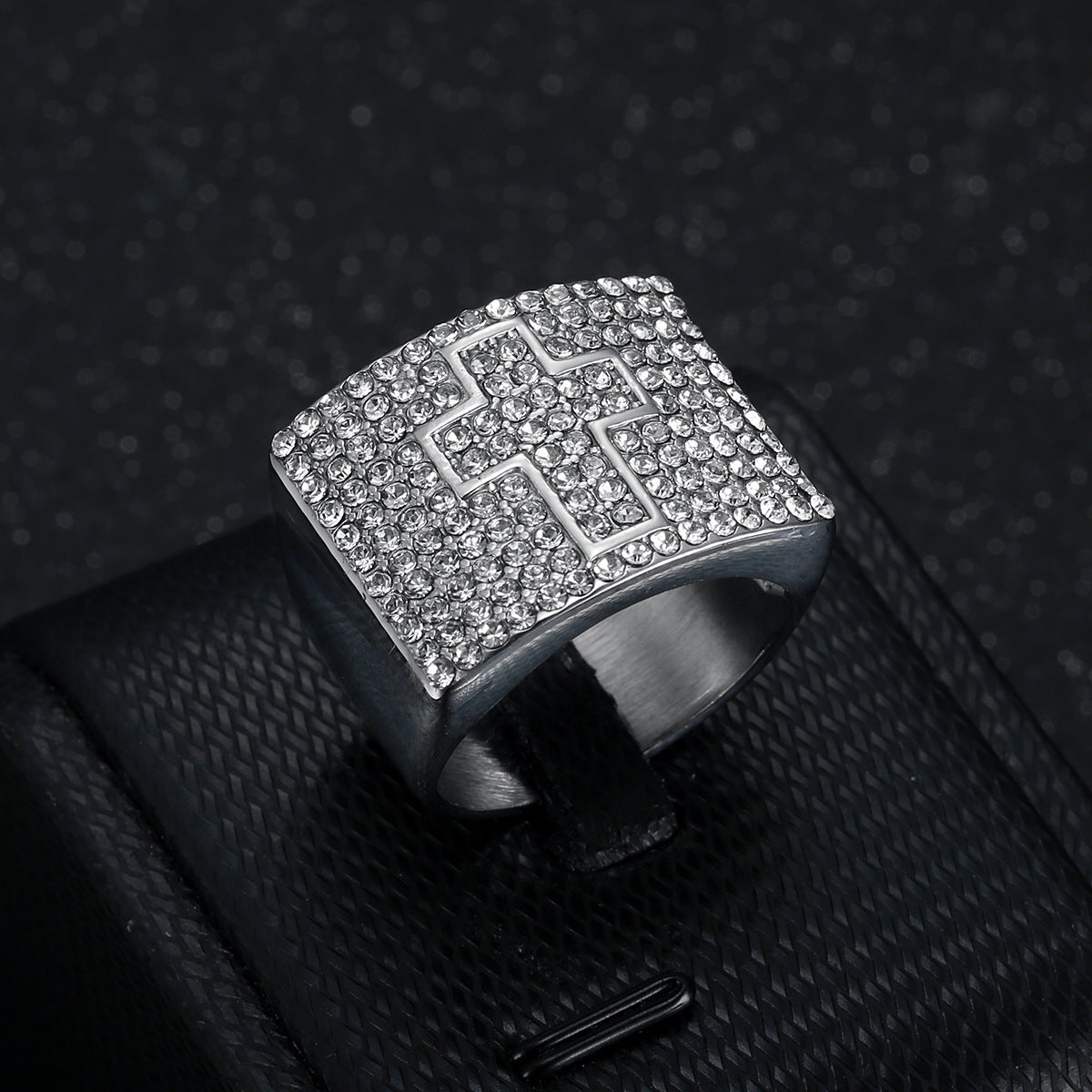 9018 |J| Silver-Plated Stainless Steel Iced Rectangular Cross Ring